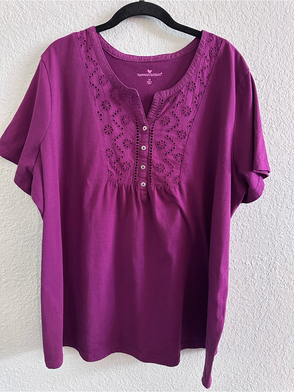 Woman Within 2X Berry Embroidered Eyelet Henley Top Cotton Blend Short Sleeve